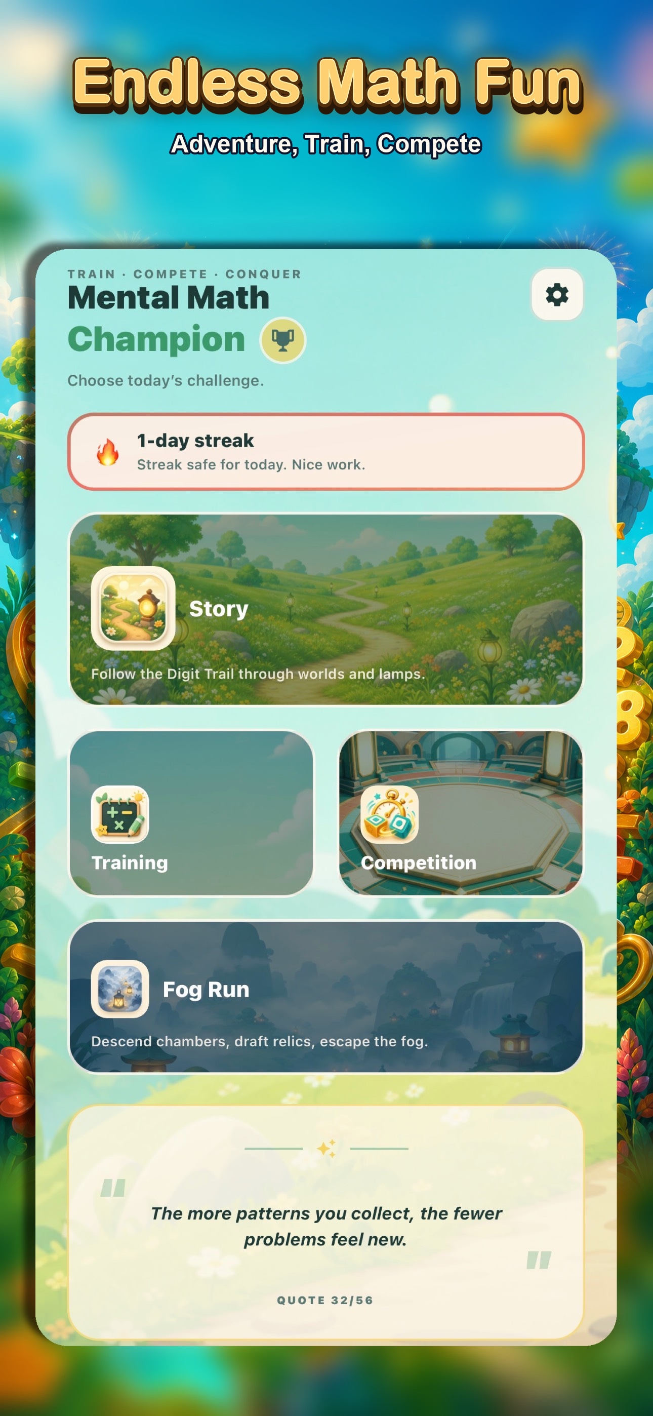 Mental Math Champion home screen